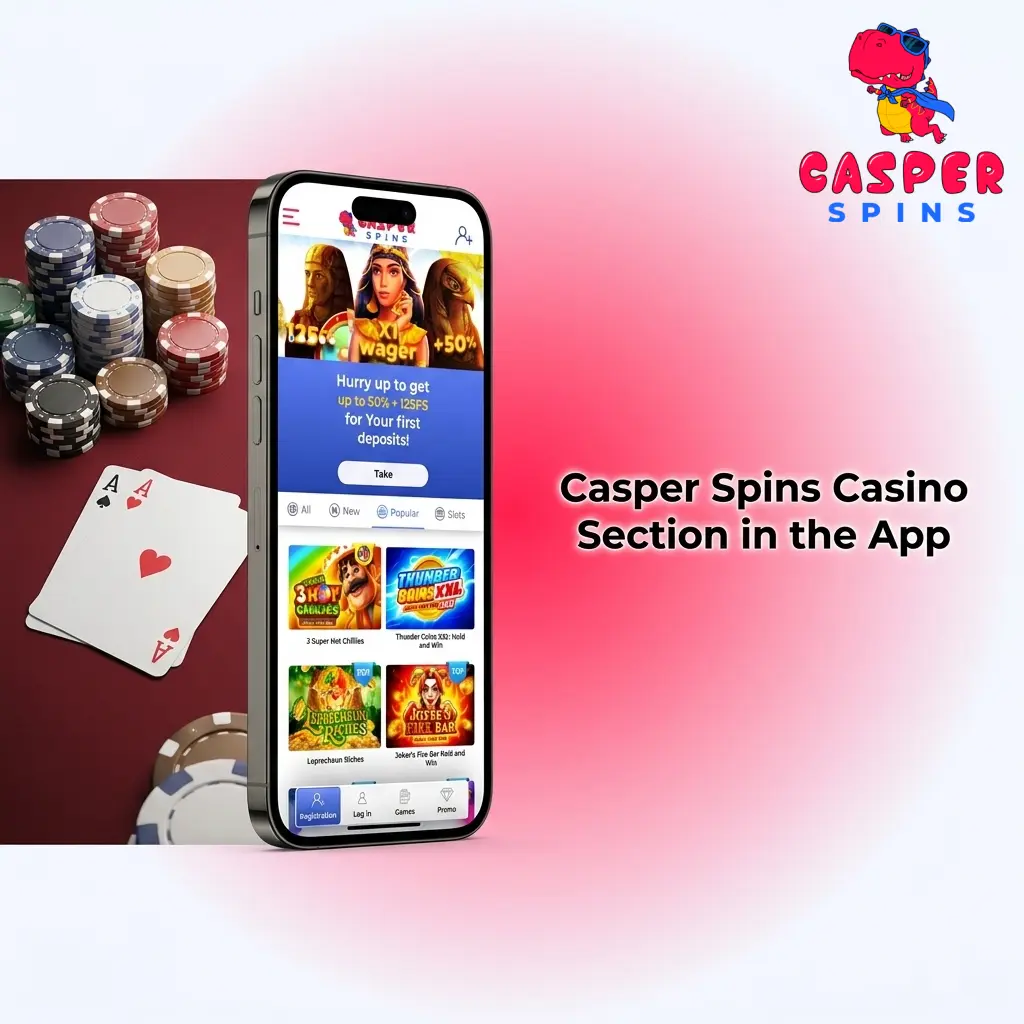 Casper Spins casino app section showing organised game categories including slots, live casino, table games and instant win titles