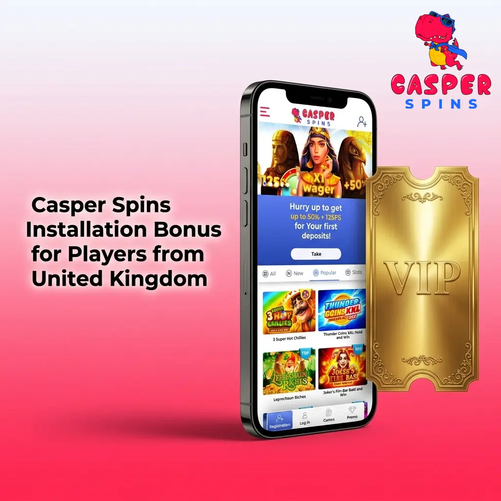Casper Spins UK installation bonus showing 50% deposit match and 125 free spins welcome offer for new players