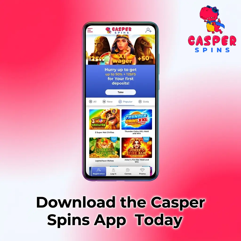 Casper Spins mobile app interface showing casino games and betting markets on Android and iOS devices