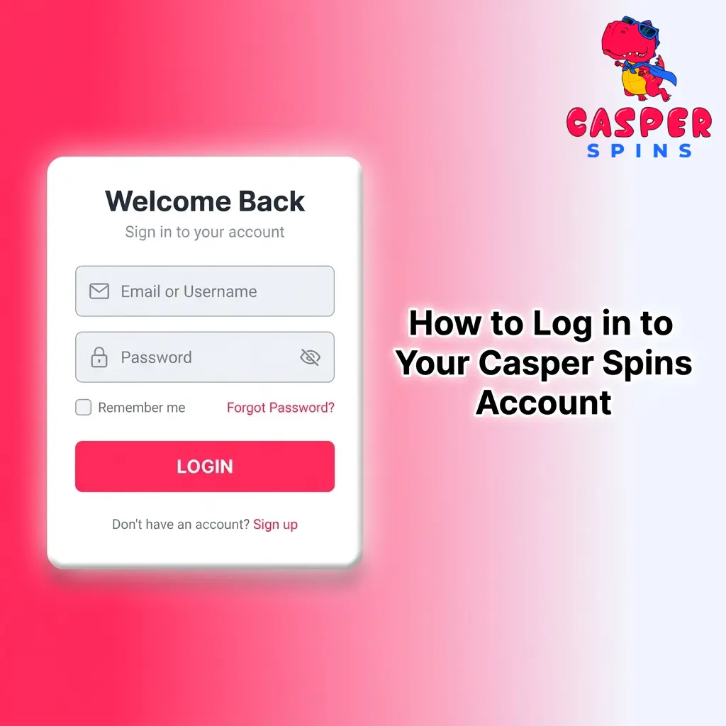 Casper Spins account login page showing email, password fields and social login options for secure account access