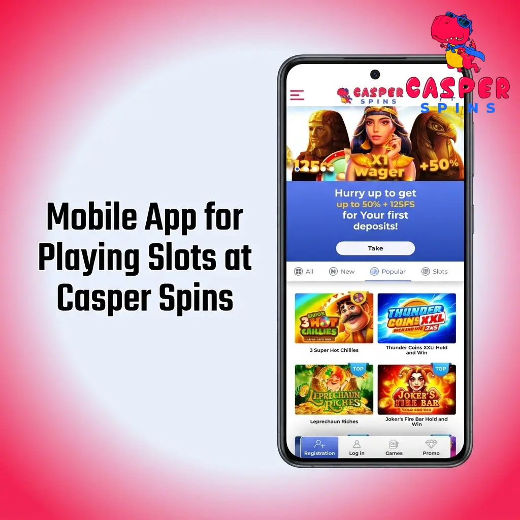 Casper Spins mobile PWA on iOS and Android showing slot lobby with game tiles and bottom navigation panel