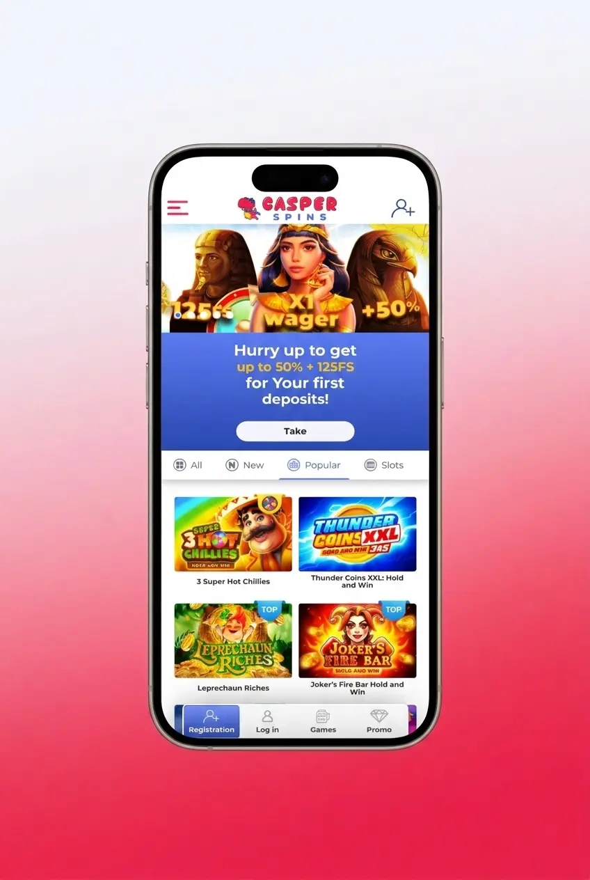 Casper Spins registration process showing five steps to create an account and access the sportsbook and casino